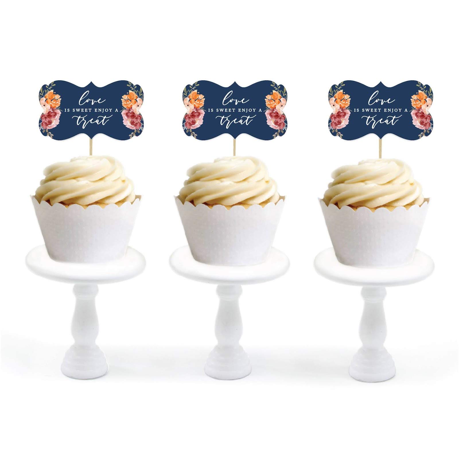 Andaz Press Navy Blue with Orange Pink Fall Watercolor Flowers Wedding Party Collection, Cupcake Topper DIY Party Favor Kit, Fancy Frame Shape, Love is Sweet Enjoy a Treat, Floral, 18-Pack