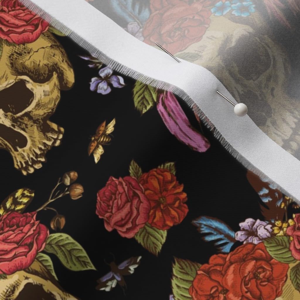Spoonflower Fabric - Skulls Flowers Roses Moths De Day Dead Printed on Organic Cotton Sateen Fabric by The Yard - Sewing Quilting Apparel Home Decor