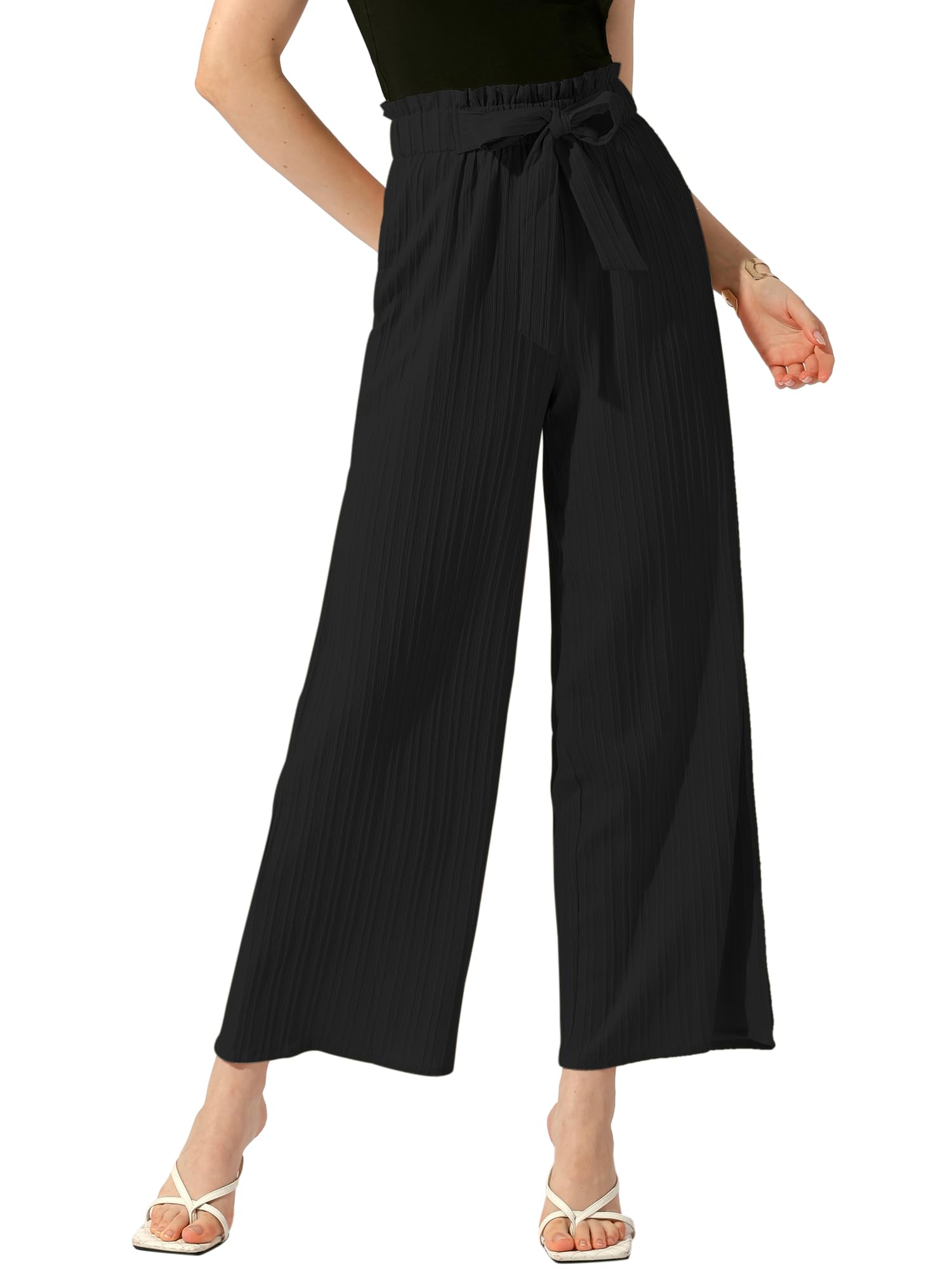 Allegra K Womens Casual Office Wide Leg Pants Elastic Waist Tie Knot Pleated Trouser with Pockets