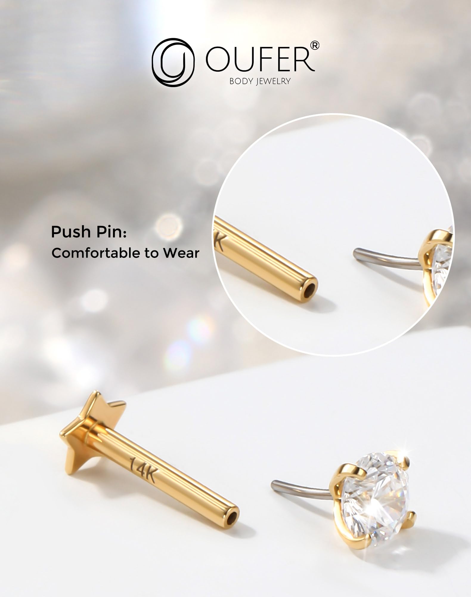 OUFER Body Piercing Threadless 14K Gold Lip Piercing Jewellery Push In Helix Earrings Piercing 16G Cartilage Earring Tragus Conch Piercing Jewellery Labret Stud Bar