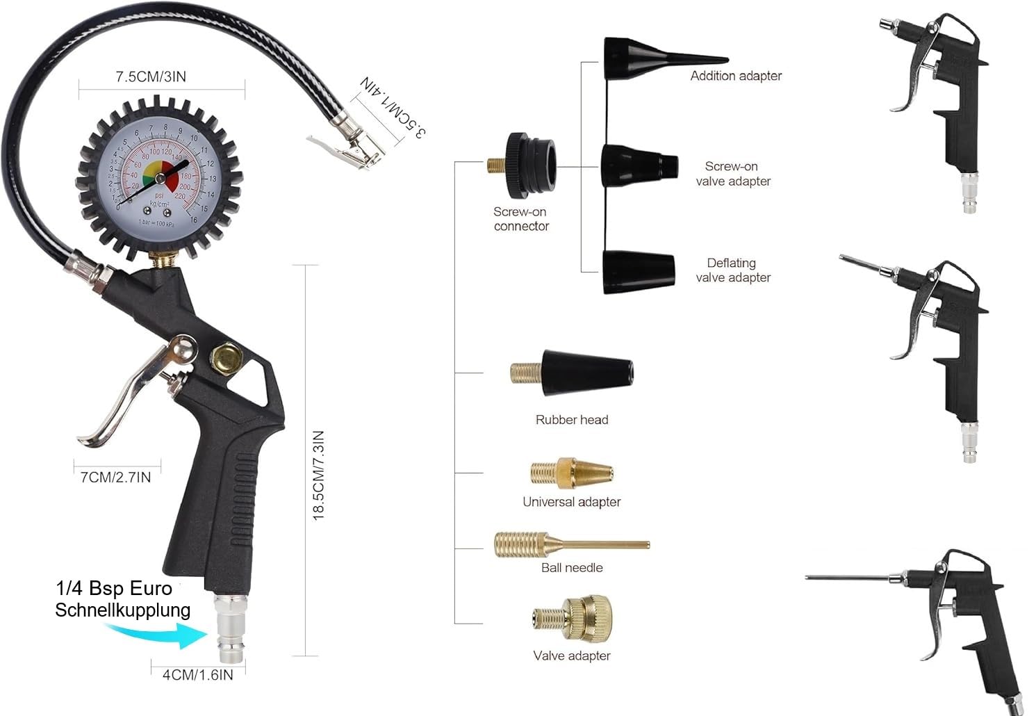 Druckluft-Kompressor-Zubehör – 13-teiliges Set mit strapazierfähiger Luftblaspistole, 130 PSI Reifenfüllmessgerät und Gummischlauch - 1/4 Bsp Euro-Schnellkupplung
