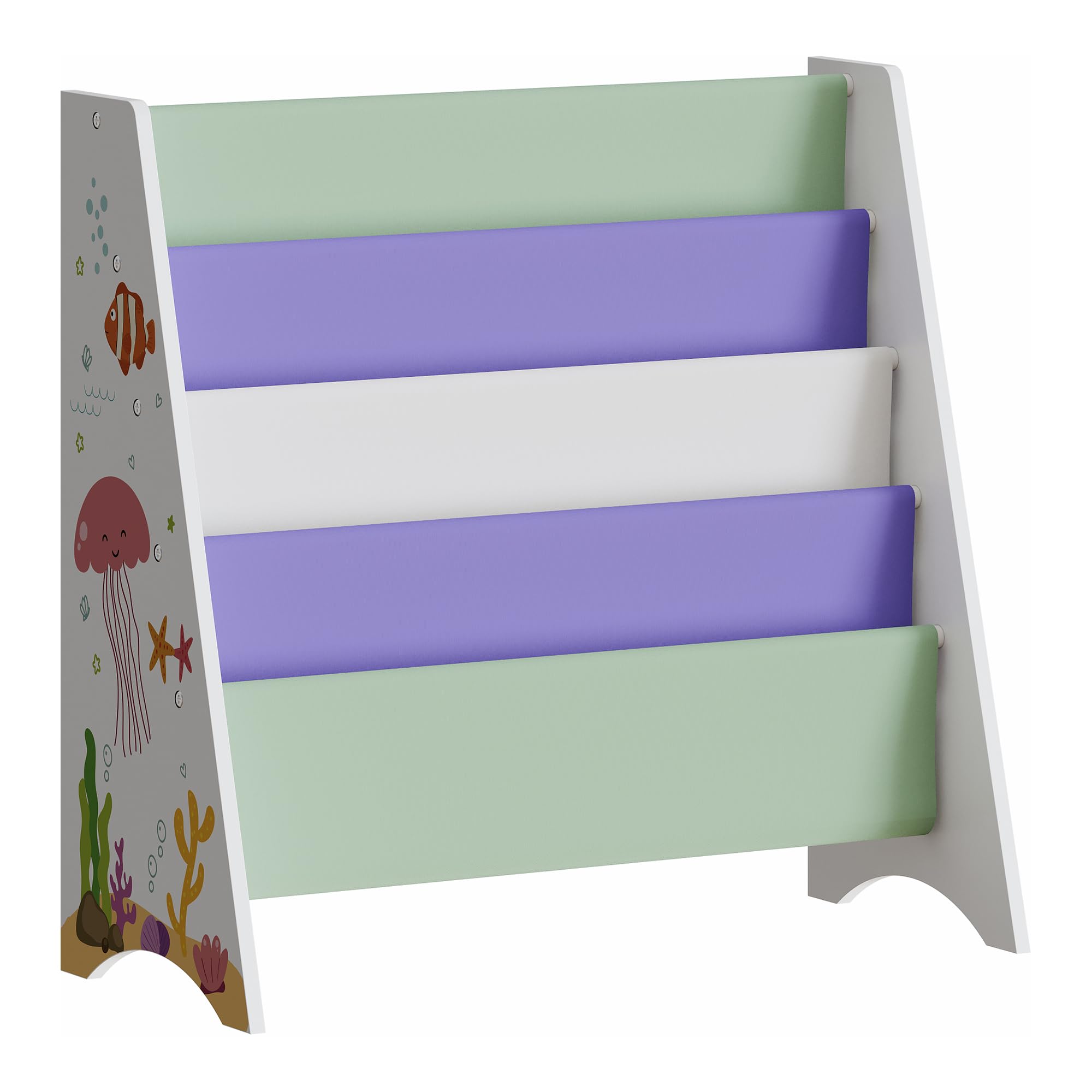 [en.casa] Bibliothèque Enfant Étagère avec 4 Compartiments de Rangement Meuble de Stockage Motif Aqua Dream Coins Arrondis Panneau de Particules Polyester Métal 60 x 62 x 28 cm Blanc Vert Clair Violet