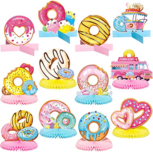12 Packs Donut Table Decorations Inlcude 8 Pieces Honeycomb Donut Centerpieces for Party 4 Pieces Donut Cardboard Stand up for Donut Decorations Donut Time Party Supplies Photo Prop Supplies