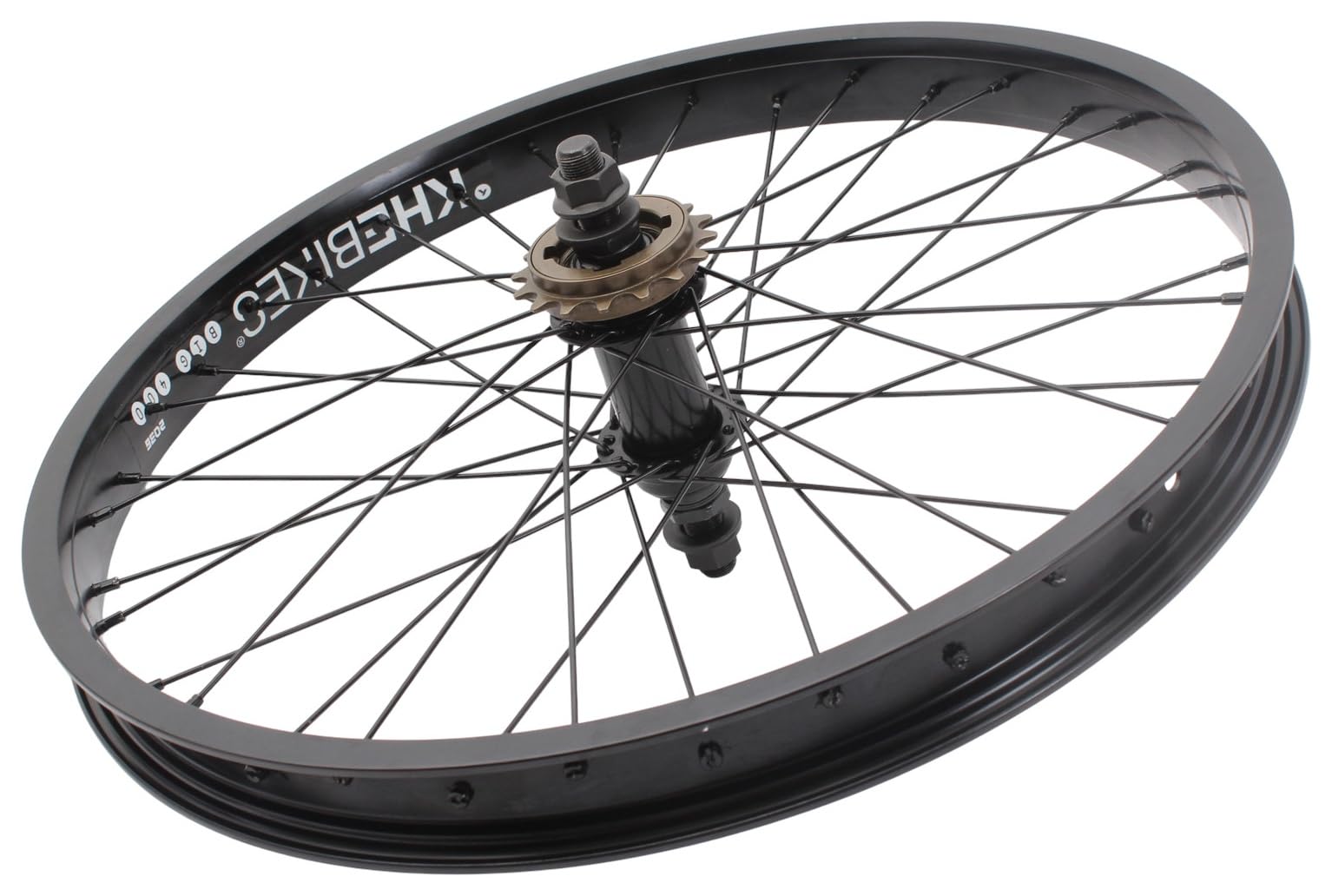 KHE Prism BMX tylne koło 20", czarne, oś 14 mm, zębatka 16T, 36H – 7005, aluminiowa felga 38 mm, rower biegowy BMX z tyłu