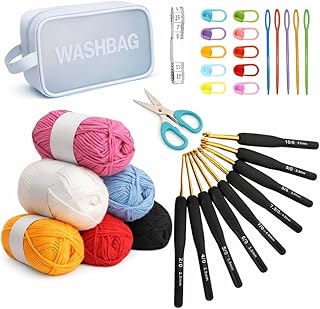 Crochet Set, Complete Crochet Kit for Beginners with 9 Ergonomic Hooks, 6 Soft Yarn Balls, Scissors, Stitch Markers, Large...