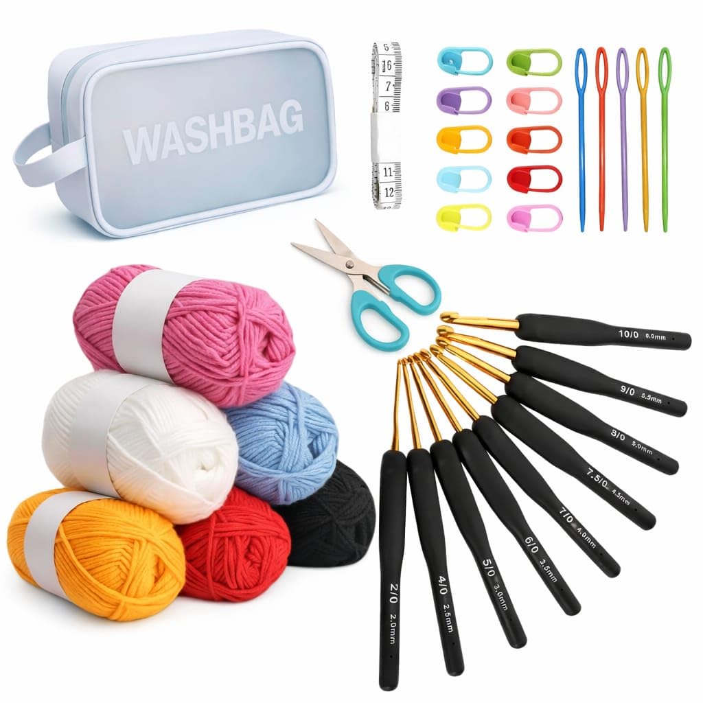 Crochet Set, Complete Crochet Kit for Beginners with 9 Ergonomic Hooks, 6 Soft Yarn Balls, Scissors, Stitch Markers, Large Tapestry Needles & Storage Washbag | DIY Knitting & Craft Starter Set for Adults & Kids-image-23