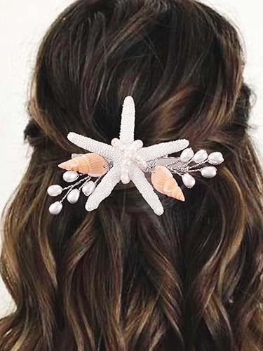 Yean Clip de pelo de boda con estrella de mar, accesorios para el cabello nupcial de playa, perla de concha de mar para mujeres y niñas