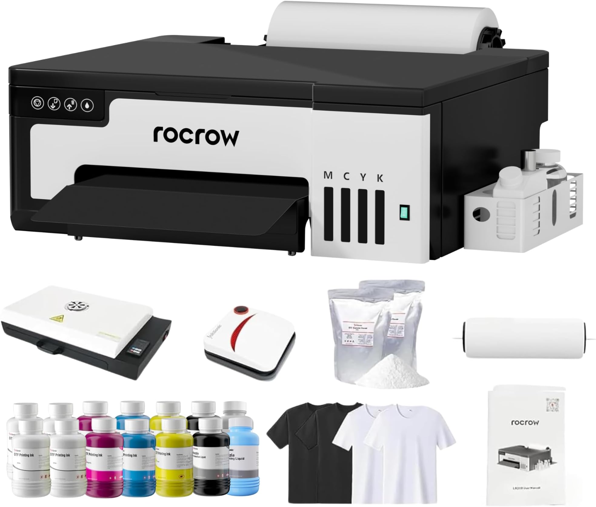 RocRow L8 DTF Printer, A4 Transfer Printing Machine with White Ink Mixing, Automatic Cleaning for DIY Print, Customized Printing, Includes Heat Press, Ink, Film, T-Shirt
