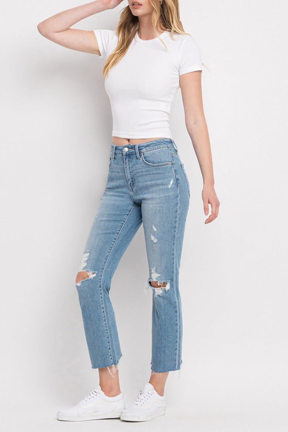 Flying Monkey - High Rise Clean Cut & Fray Hem Detail Crop Straight Jeans - Y3118