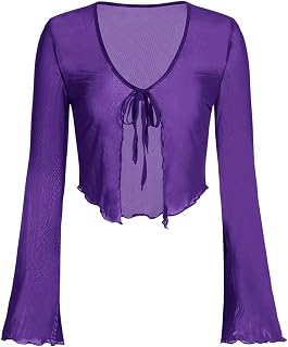 WDIRARA Women's Tie Front Bell Sleeve Mesh Top V Neck Lettuce Trim Shirt
