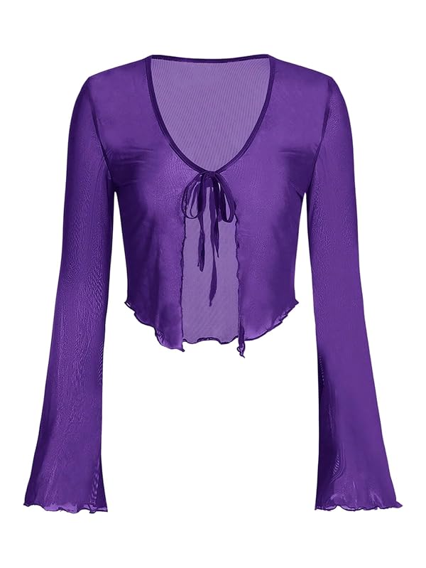 WDIRARA Women's Tie Front Bell Sleeve Mesh Top V Neck Lettuce Trim Shirt Purple X-Small by WDIRARA - Used condition - US$18.00