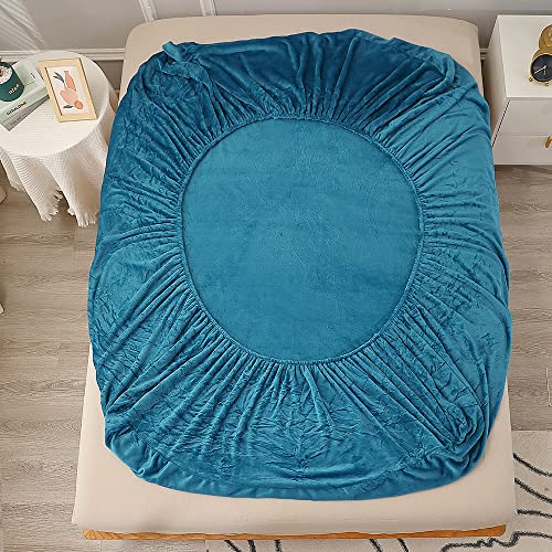 Plush Velvet King Fitted Sheet - Shaggy Fleece Ultra Soft Fitted Bottom Sheet Only, Fuzzy Flannel Comfortable Fitted Sheet King Size, 18" Deep Pocket (King, Teal Blue) #TOP4