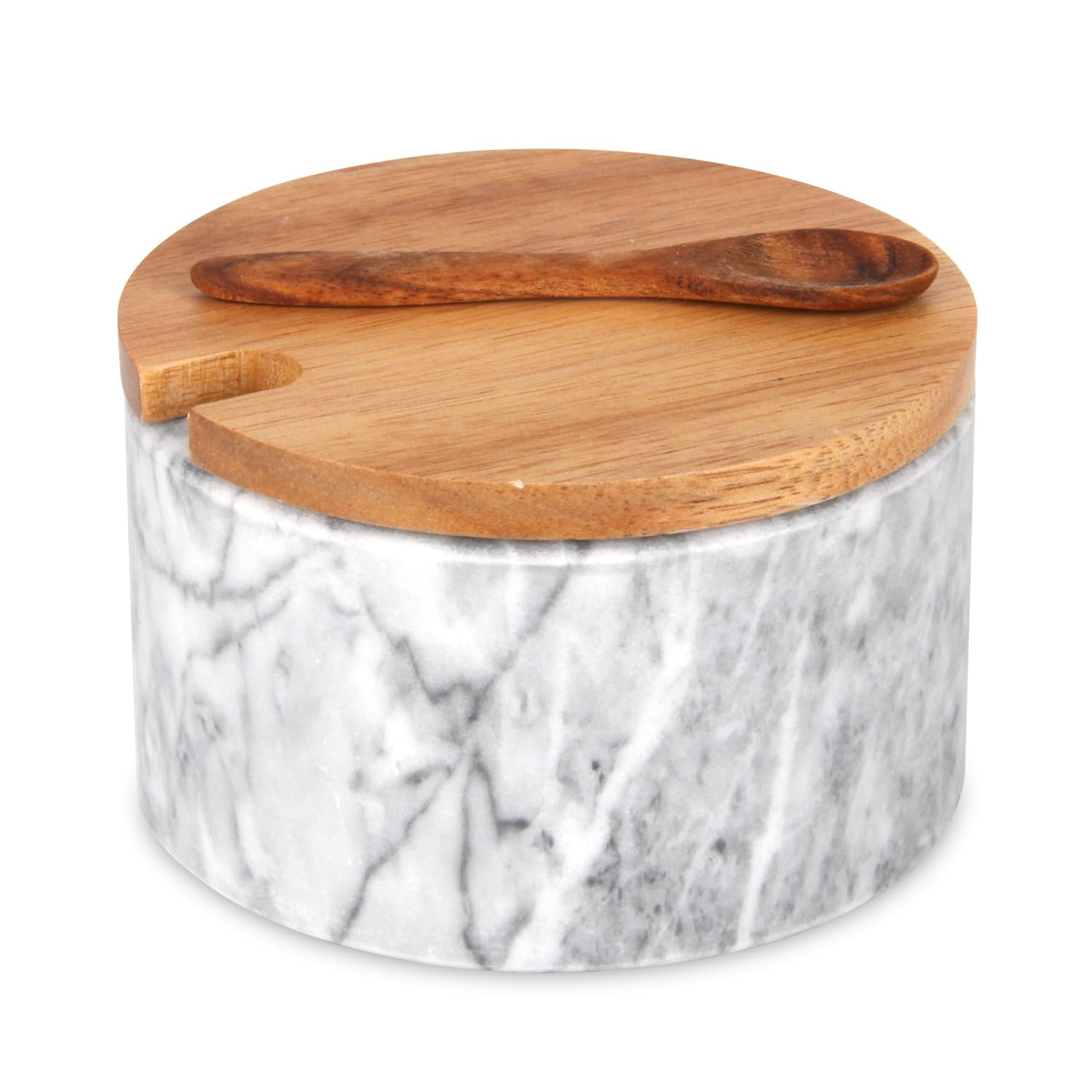 TABHOUKIT Marble Salt Cellar Box with Wood Lid Spoon, Modern White Stone Salt or Pepper Sugar Spice Seasoning Bowl Container Jar Holder Well Keeper Dish Pig Crock for Kitchen (Light Grey Bowl)