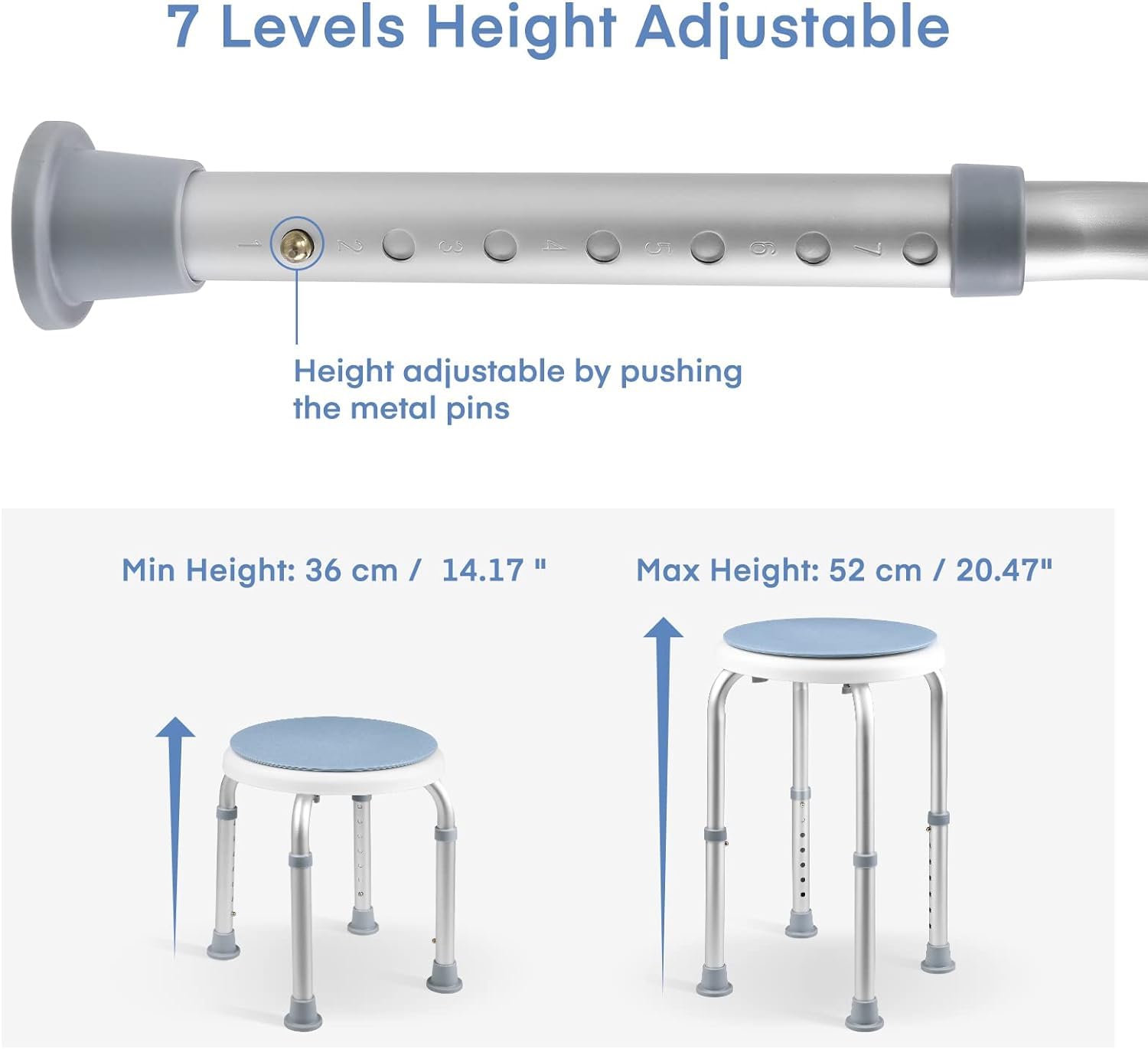Taburete de ducha, giratorio 360°, taburete de baño con pies de goma antideslizantes, estable, 7 alturas ajustables (36 – 52 cm), para personas mayores, discapacitados, embarazadas