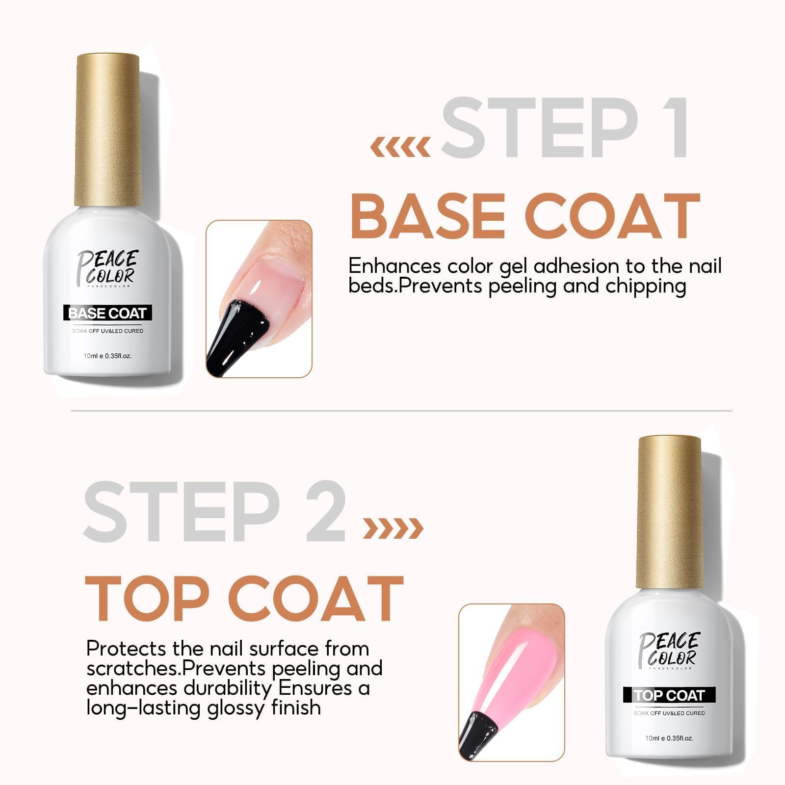 PEACECOLOR 2 x 10 ml zestaw lakierów do paznokci UV z bazą i topem, bez konieczności wycierania, do paznokci żelowych, zdobienia paznokci, manicure i stylizacji paznokci