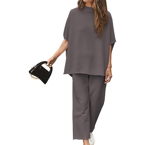 Women's Two Piece Outfits 3/4 Batwing Sleeve Capelet Crew Neck Pullover Top Wide Leg Pants Lounge Set