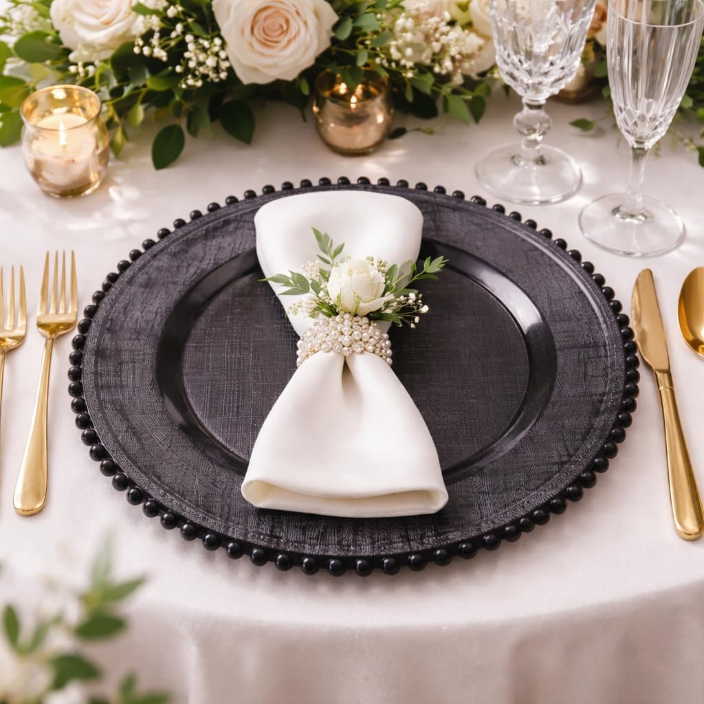 Koyal Wholesale Black Glass Charger Plates for Dinner Plates, Decorative Plate Chargers, Elegant Table Settings for Wedding, Party, Holiday Events, Linen Cross-Stitch Pattern Modern Table Decor