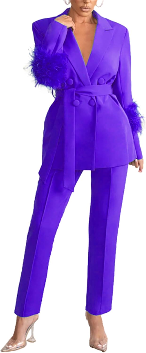 FS-59 Women's Spring Belted Suit with Fluffy Real Ostrich Feather Cuffs Fashion Pants Blazer Two-Piece Set