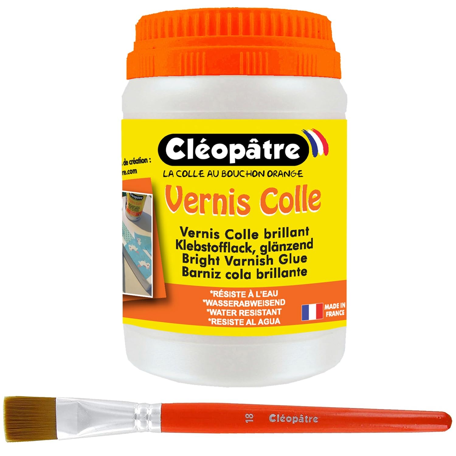 Cléopatre - Barniz Cola + Pincel Plano n°18 - Barniz Transparente, Acabado Brillante - Todas las Superficies, Multiusos - Sin Disolventes - Fabricado en Francia - Frasco 250gr