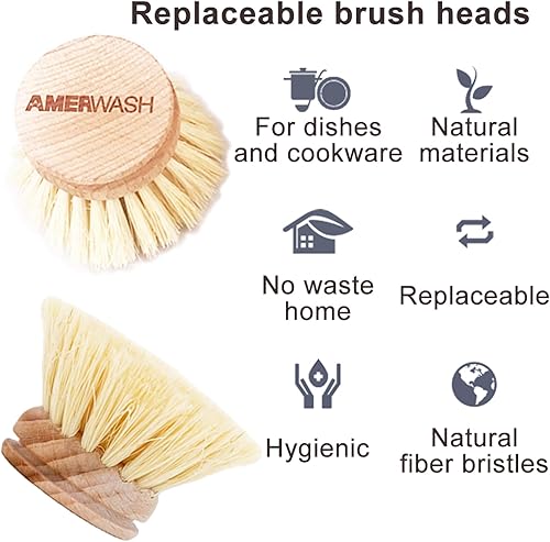 Miniatura 2 de Cabezal de repuesto clásico para cepillo de platos, 3 unidades, cerdas naturales de fibra Tampico para limpieza multiusos, limpiador de cocina