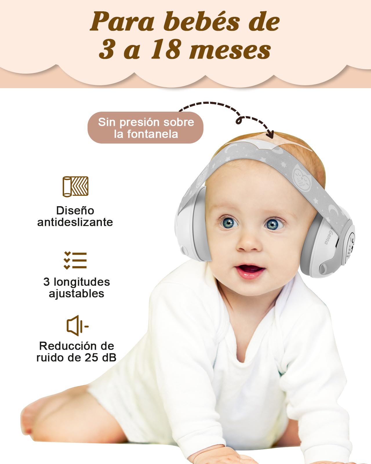 Lilian&Gema 2 en 1 Cascos Bebe Antiruido-Protectores auditivos para bebés，Diadema Ajustable, Antideslizante y sin Presión.Protección auditiva ideal para bebés de hasta 48 meses de edad