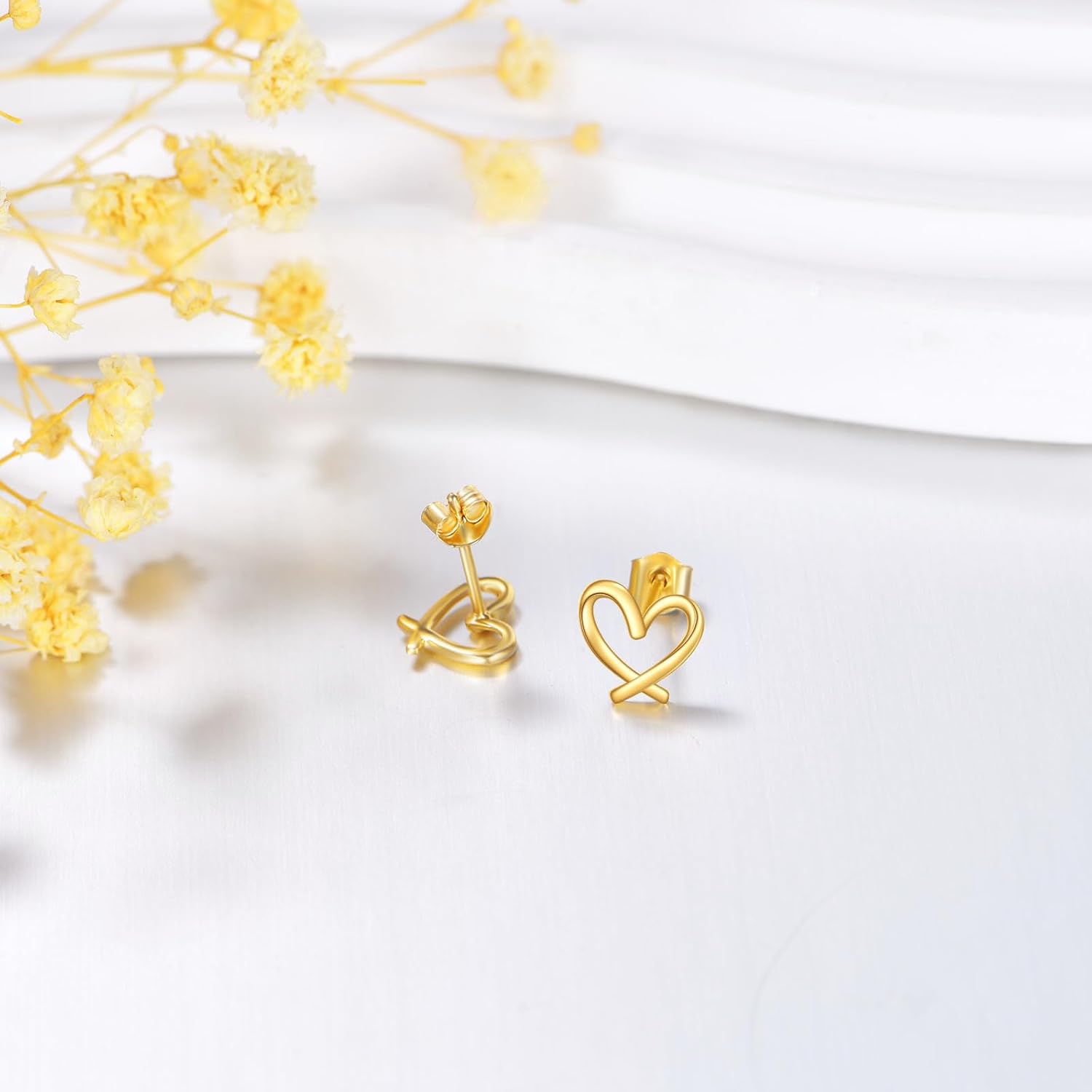 14k Gold Heart Stud Earrings for Women Teens, 14 Carat Yellow Gold Earring for Her - Image 4