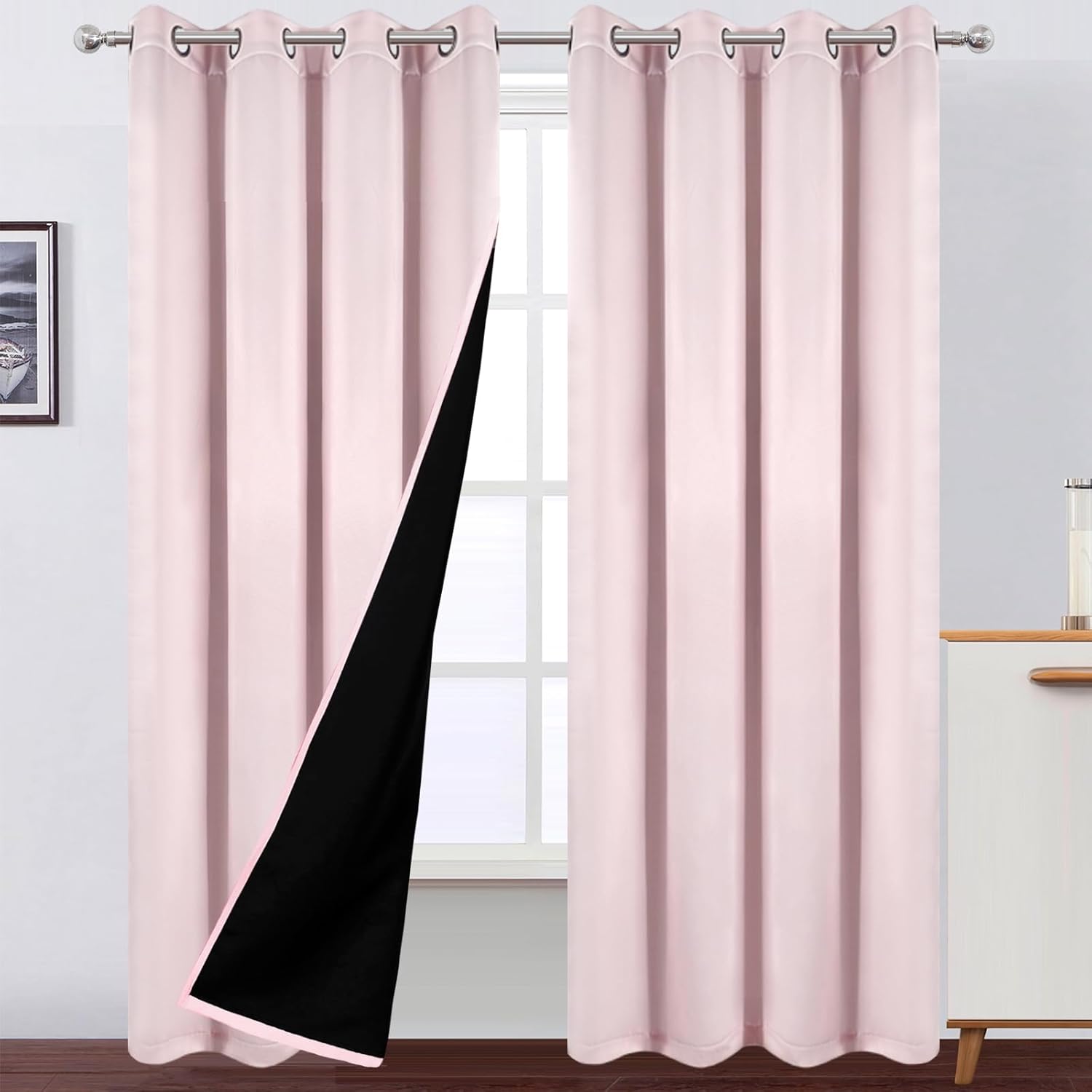 LEMOMO 100% Blackout Curtains 52 x 95 Inches Long Thermal Insulated Baby Pink Curtains with Black Liner Set of 2 Panels for Nursery Room