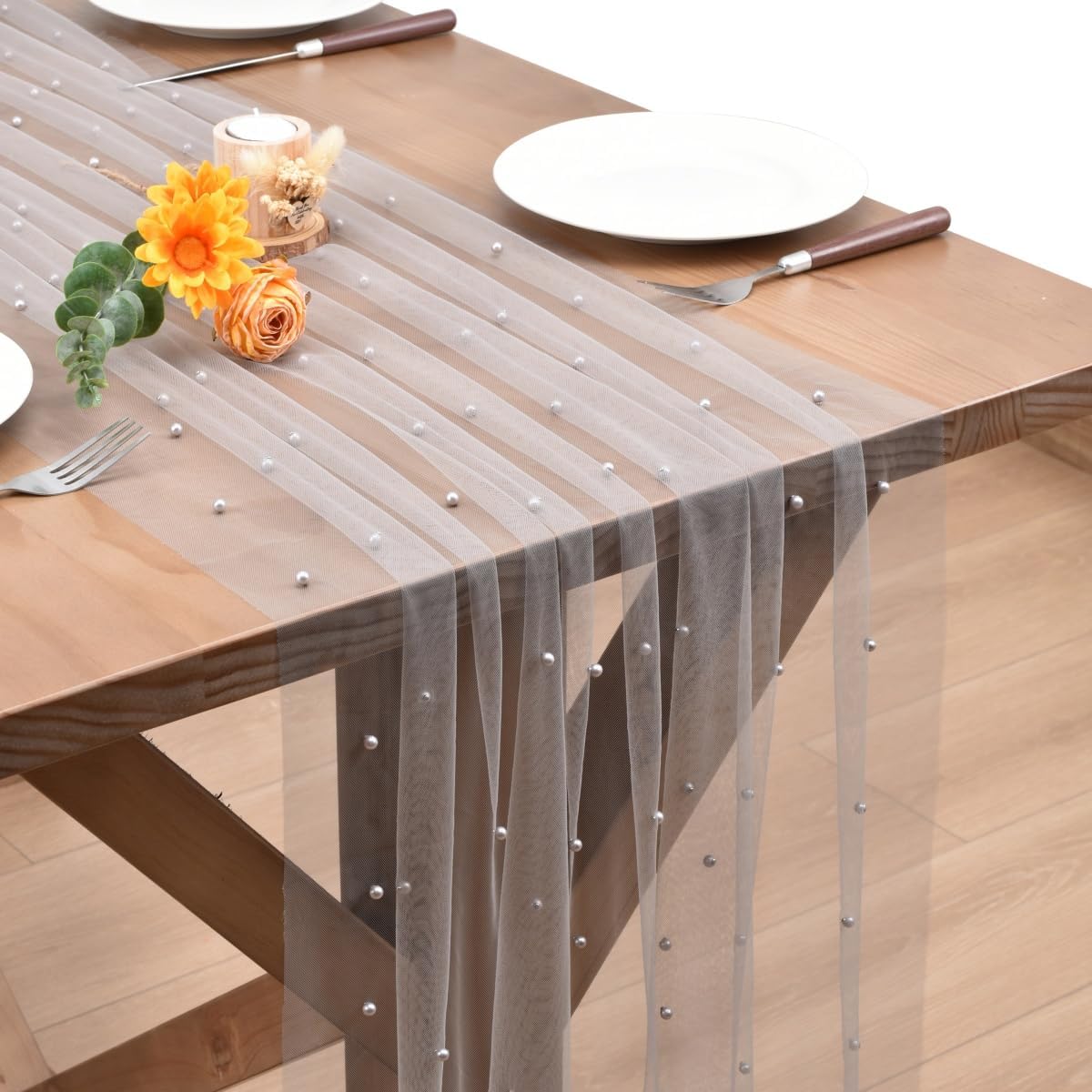 Gray Pearl Table Runner Boho Rustic Tulle Lace Spring Easter Table Runner for Baby Shower Wedding Arch Decor Veil Dessert Table Decor