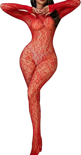 FRENZCOY Womens Sexy Lingerie Fishnet Bodysuit Long Sleeve BodyStockings for Women Mesh Bodysuit 70-165 lbs