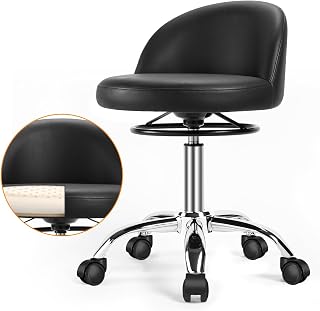 OUTMASTER Taburete con respaldo y ruedas, altura regulable 360°, piel sintética, color negro, moderno, industrial, para oficina, hogar, salón