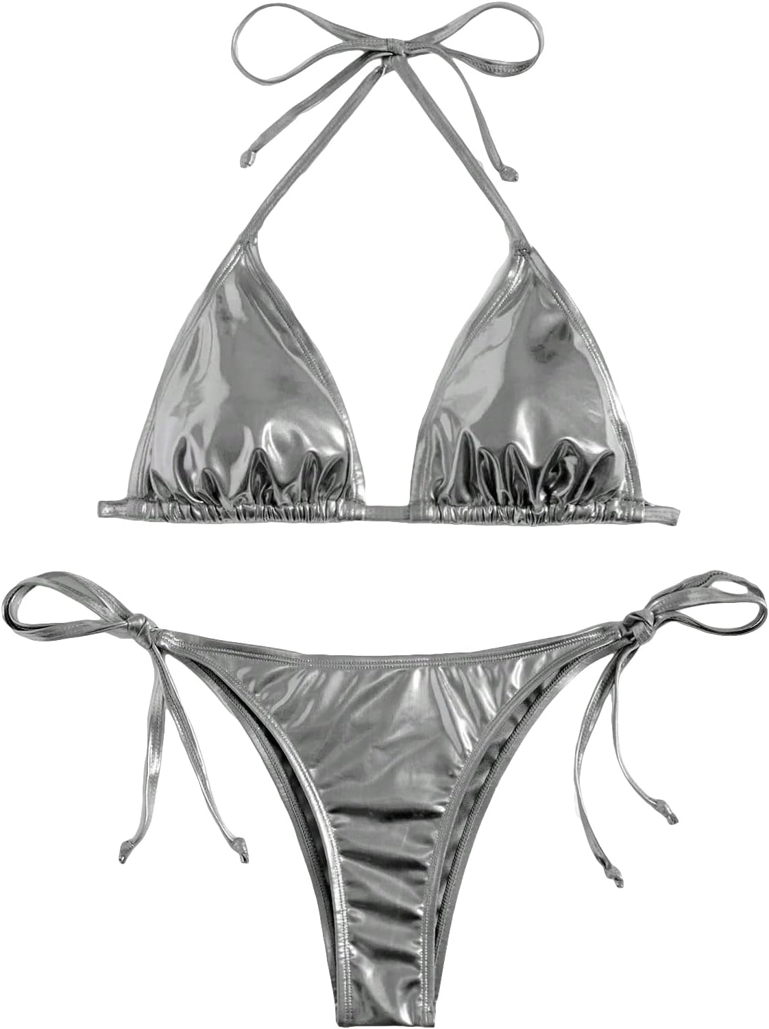 GORGLITTER Women's Metallic Triangle Bikini Top Halter Tie Side Swimsuit Set 2 Piece Bathing Suits