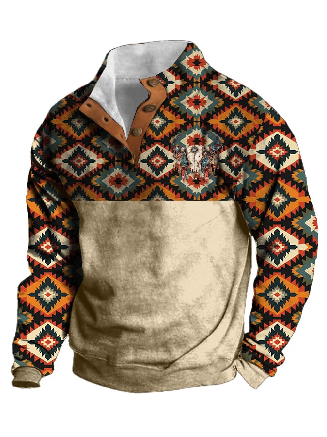 MARSVOVO Men's Cowboy Sweatshirt Button Up Shirt Men Aztec Ethnic Print Long Sleeve Fall Winter Vintage Graphic Hoodies