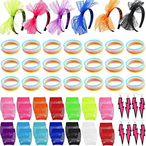 Haconba 180 piezas de diadema de lazo de encaje de neón de los 80, guantes de red sin dedos, pulseras, pendientes, para fiestas temáticas retro de los 80, mujeres y niñas Cover