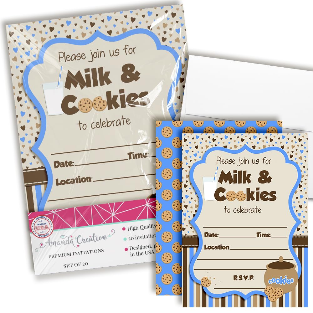 Milk and Cookies Birthday Party 20 Invitations 5"x7" Double-Sided Fill-In Cards with Envelopes, Kids Party Stationery Set, Cute Milk & Cookie Jar