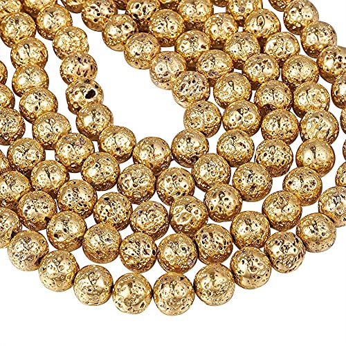 BB Beadthoven 5 Stränge galvanisierte natürliche Lava-Perlen, 8 mm, goldener bumpiger Stein, runde Stein-Perlen für Damen und Herren, Schmuckarmbänder, Loch: 1 mm Cover