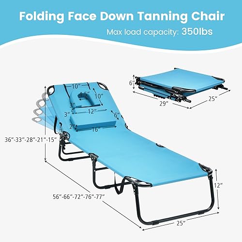 Miniatura 3 de Tangkula Sillón de playa, reclinable plegable para tomar el sol con agujero frontal, silla de bronceado boca abajo con respaldo ajustable de 5