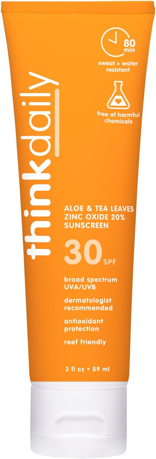 Thinkdaily SPF 30 Mineral Sunscreen with Aloe & Tea Leave, 3 Fl Oz - Safe, Natural, Water Resistant, Broad Spectrum UVA/UVB Zinc Oxide Sun Screen for Sun Protection โ Reef Safe Sunscreen