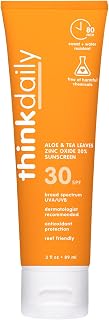 Think Aloe & Tea Leaves SPF 30 Mineral Sunscreen Lotion – Safe, Natural, Water Resistant Sun Cream – Vegan Zinc Oxide UVA/UVB Sun Protection, 3oz