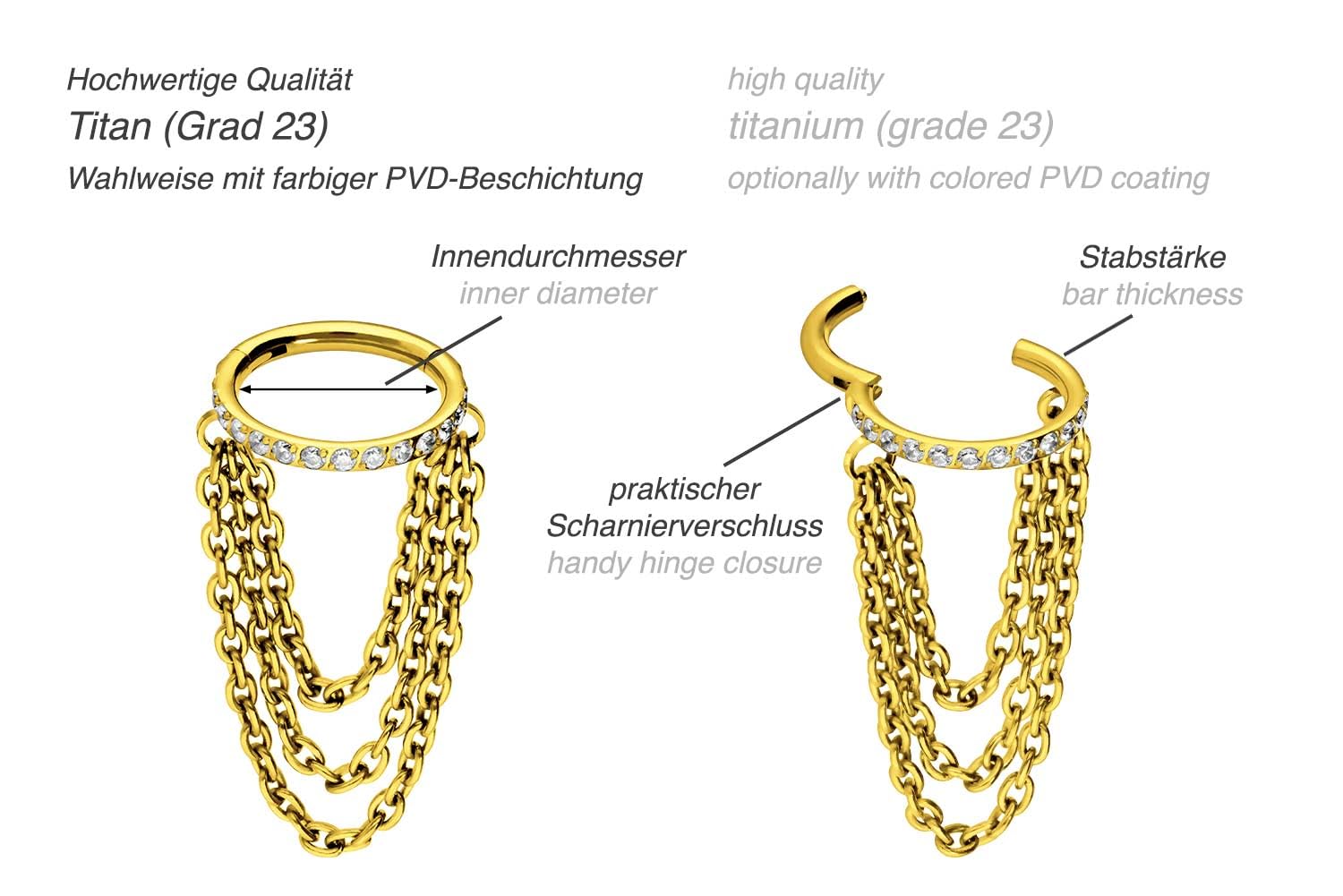 PIERCINGLINE Titan Segmentring Clicker EINGEFASSTE KRISTALLE + 3 KETTEN Piercing Ohr Helix Farb & Größenauswahl