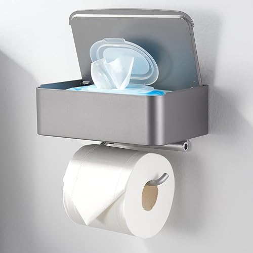 Soporte de papel higiénico con estante, dispensador de toallitas desechables montado en la pared, estante de almacenamiento de baño gris para