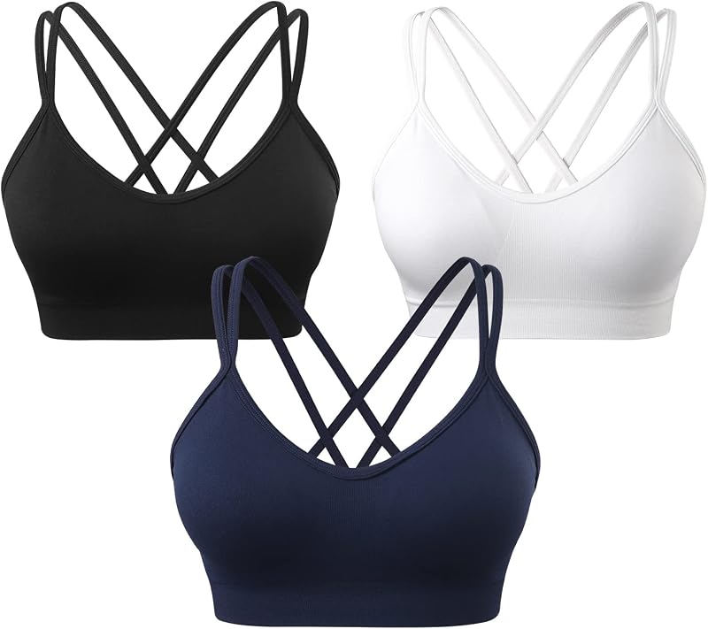 VEQKING Strappy Cross Back Women Sports Bras with Removable Cups | Medium Support, Padded, Non-underwire, Spaghetti Straps, Seamless, for Light-Mid Impact Workout: Gym/Yoga/Pilates/Daily Wear