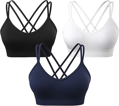 VEQKING Women's Cross Back Sports Bra Padded Strappy Medium Support Yoga Bra for Workout Fitness 3 Pack