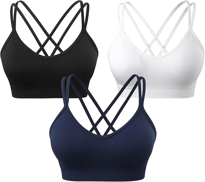 VEQKING Women's Cross Back Sports Bra Padded Strappy Medium Support Yoga Bra for Workout Fitness 3 Pack