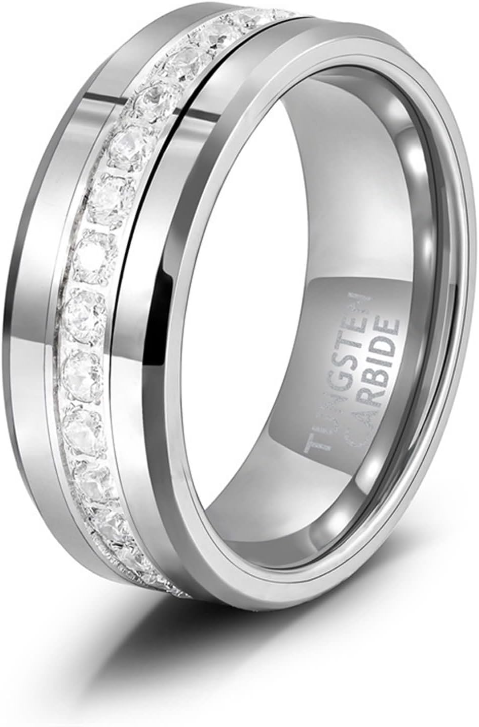 Engrave Mens Tungsten Wedding Ring, 8MM Round with Cubic Zirconia, Wedding Bands Men Black