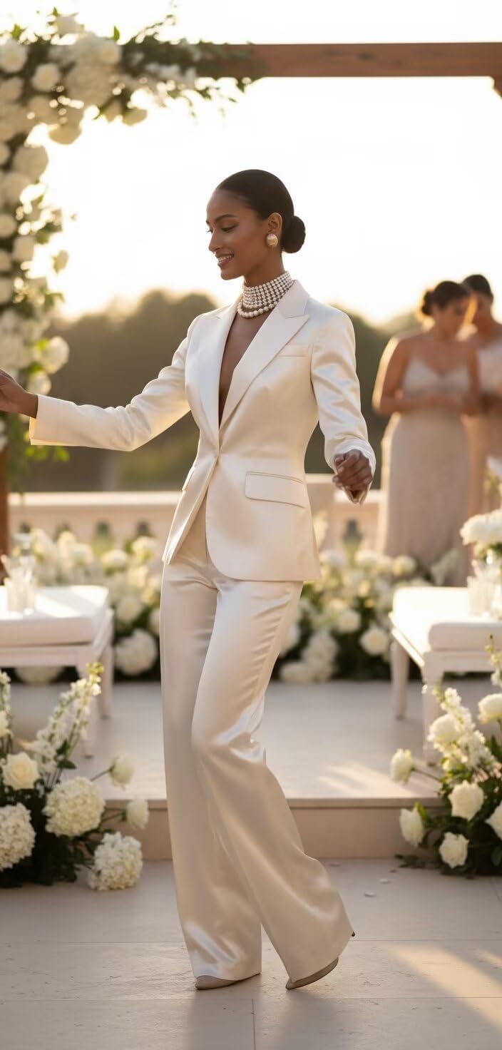 Satin Womens Suit Dressy 2 Piece Suits for Women Elegant Peak Lapel 1 Button Suits for Wedding Guest - Image 3