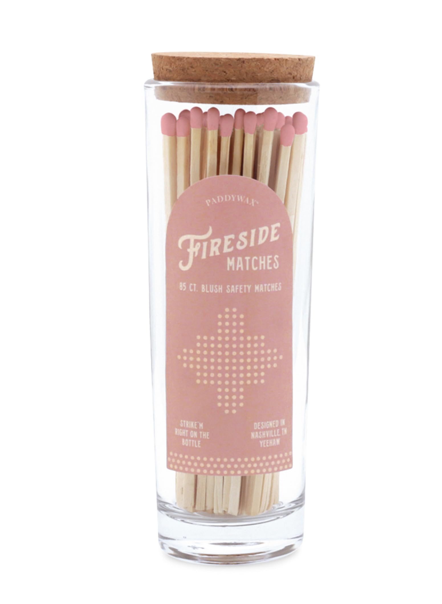 Paddywax Glass Jar Match Holder with Striker with 85 Fireplace Fireside Safety Matches, Blush Pink Tip