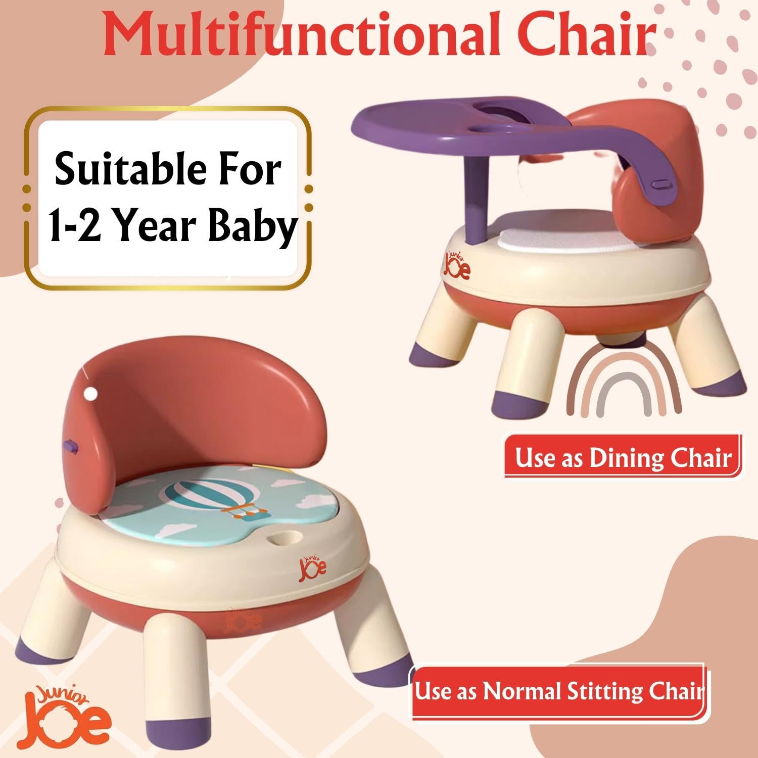 JUNIOR JOE 2 in 1 Feeding Chair & Booster Seat with Detachable Dining Food Tray and PU Cushion pad 4 Leg Dining Chair for Kids and Toddler (Red-1-2 Year Old) 2