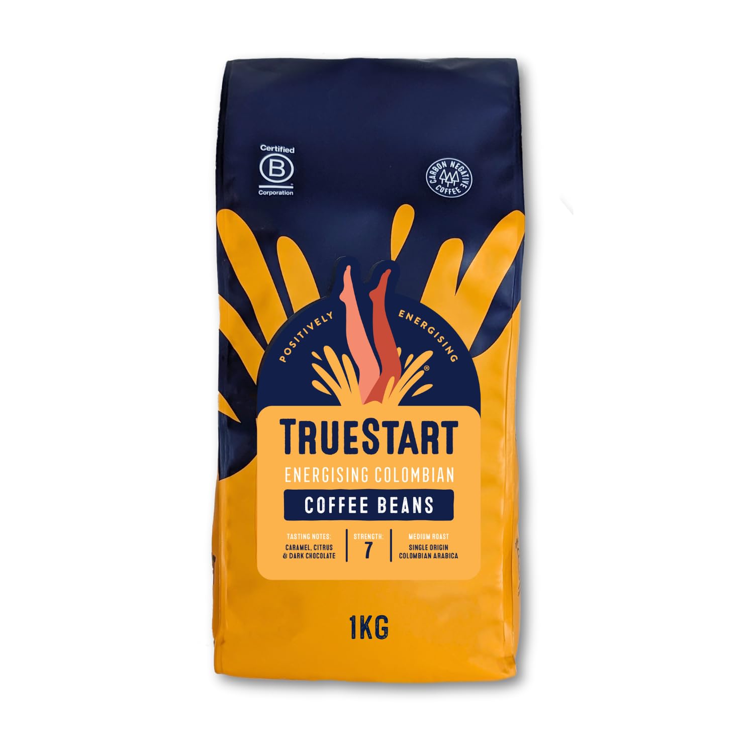 TrueStart Coffee Beans - Smooth Energising Colombian - 100% Arabica, Medium Roast, Single Origin Whole Bean - Mycotoxin-Free & Antioxidant Rich Coffee for Espresso, Filter Brewing - 1kg, 1 Pack