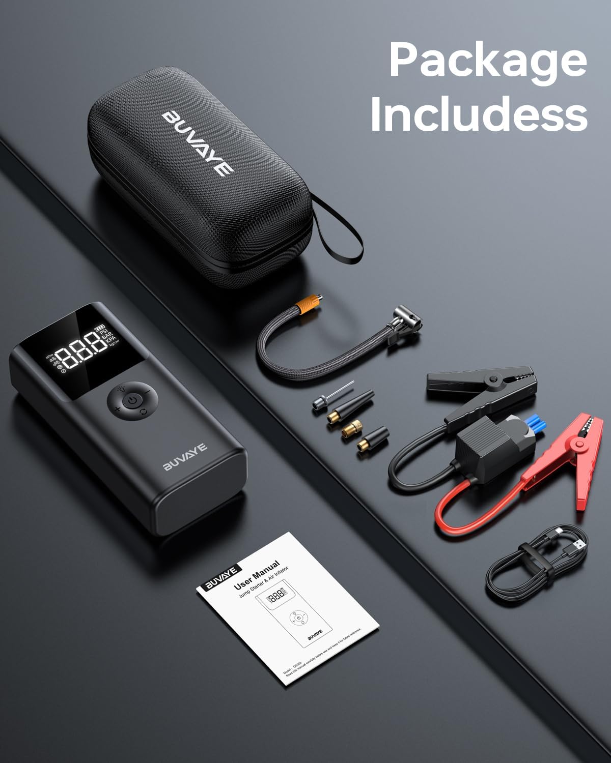 BUVAYE 4000A Jump Starter with Air Compressor, 150PSI Tire Inflator, 12V Portable Car Battery Jumper, Auto Shutoff, Digital Gauge, Smart Clamps, Carry Case