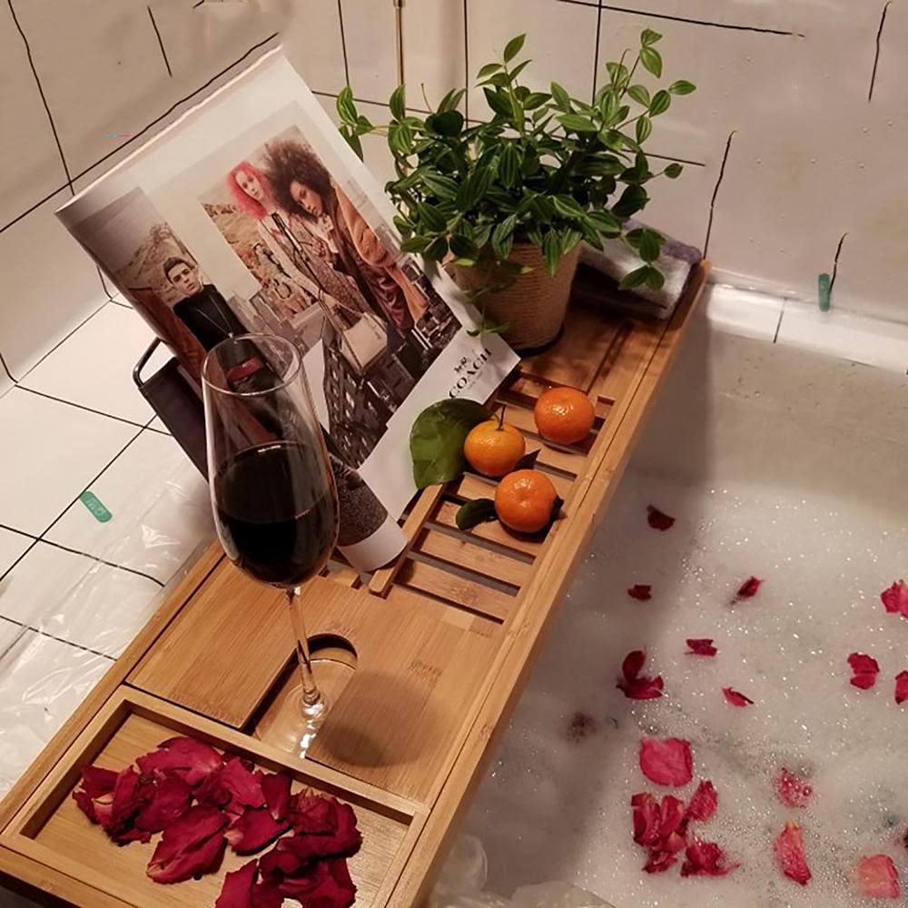 Bandeja de bañera de bambú Premium, bambú Premium, con Soporte para Tableta, Bandeja para teléfono móvil y Ranura para Copa de Vino.
